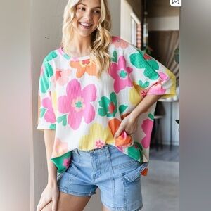 Hopely Floral waffle oversized Top with Vibrant Colors